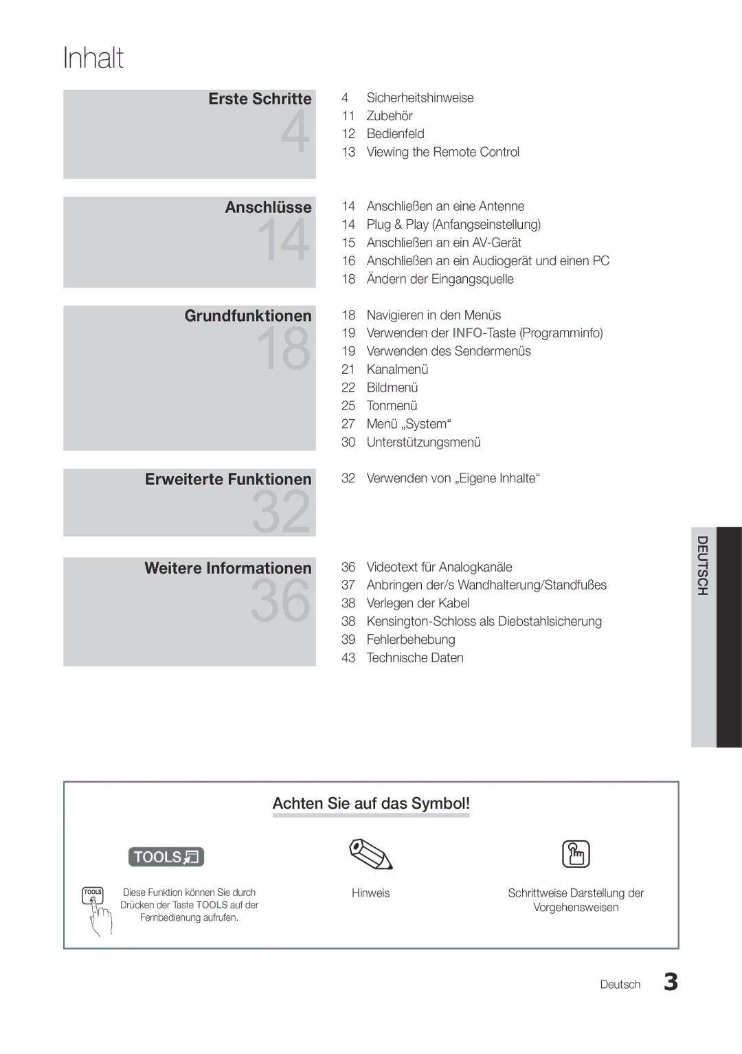 Samsung LT27A300EW/EN manual Inhalt, Achten Sie auf das Symbol, Hinweis, Schrittweise Darstellung der, Vorgehensweisen 