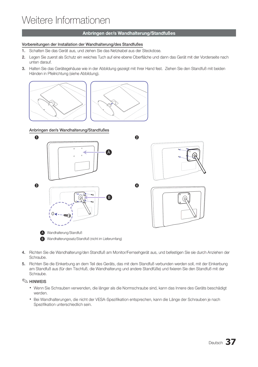 Samsung LT27A300EW/EN, LT22A300EW/EN manual Anbringen der/s Wandhalterung/Standfußes 