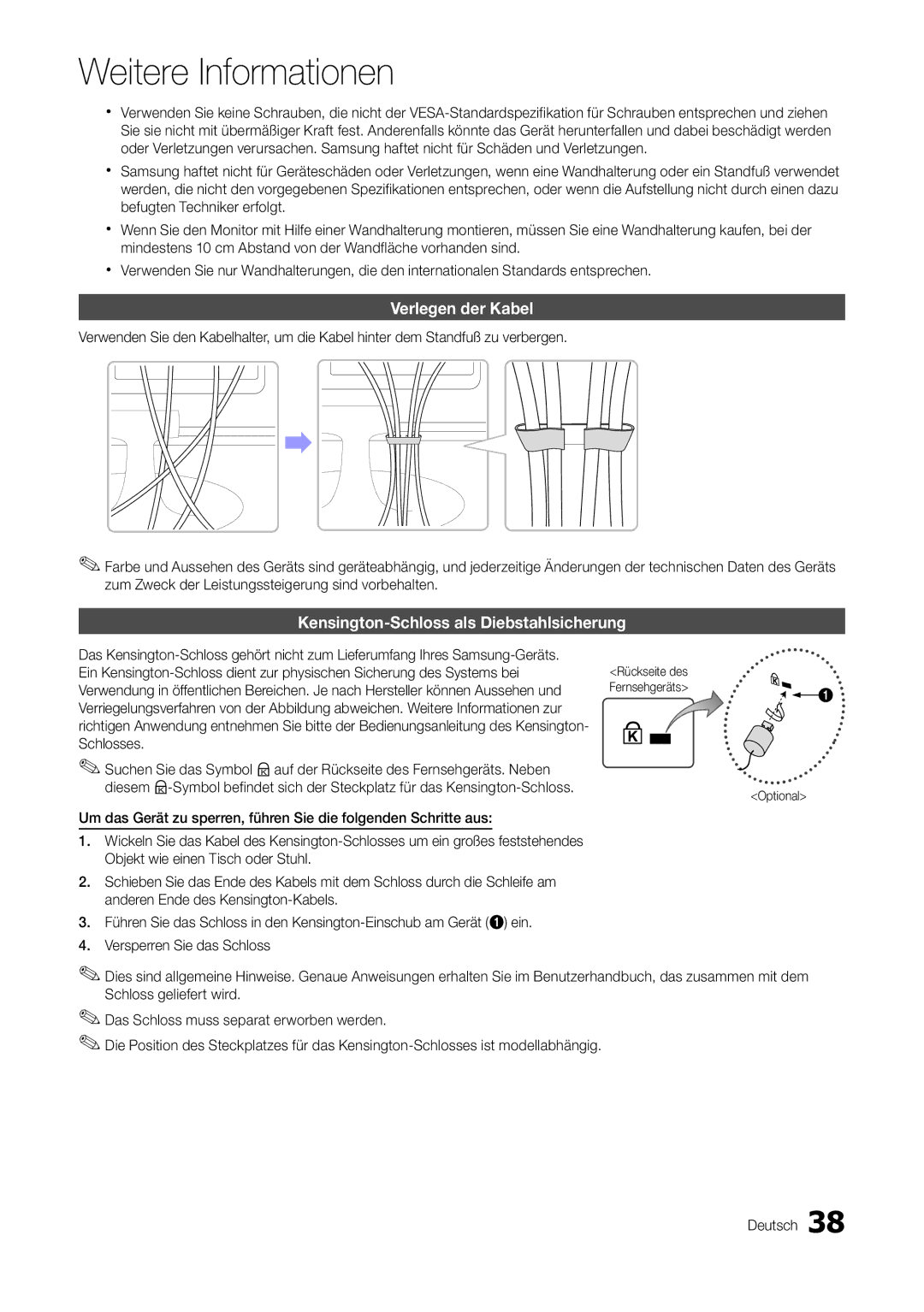 Samsung LT22A300EW/EN Verlegen der Kabel, Kensington-Schloss als Diebstahlsicherung, Rückseite des Fernsehgeräts Optional 