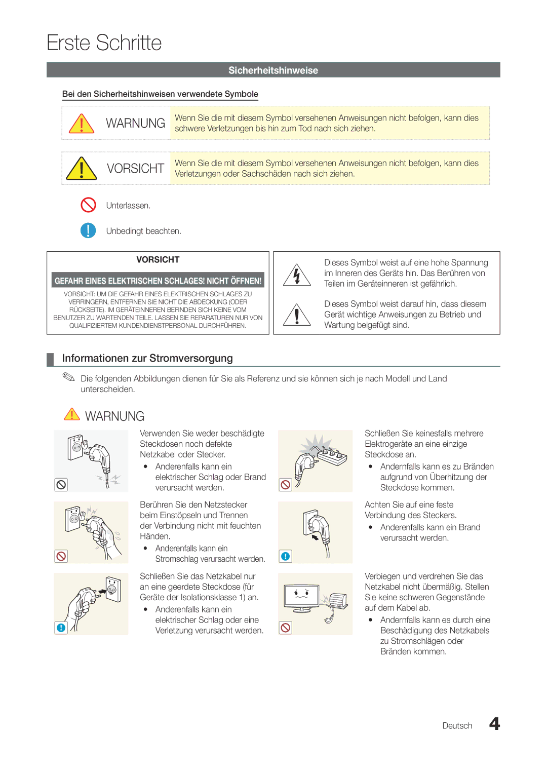 Samsung LT22A300EW/EN, LT27A300EW/EN manual Erste Schritte, Informationen zur Stromversorgung, Sicherheitshinweise 