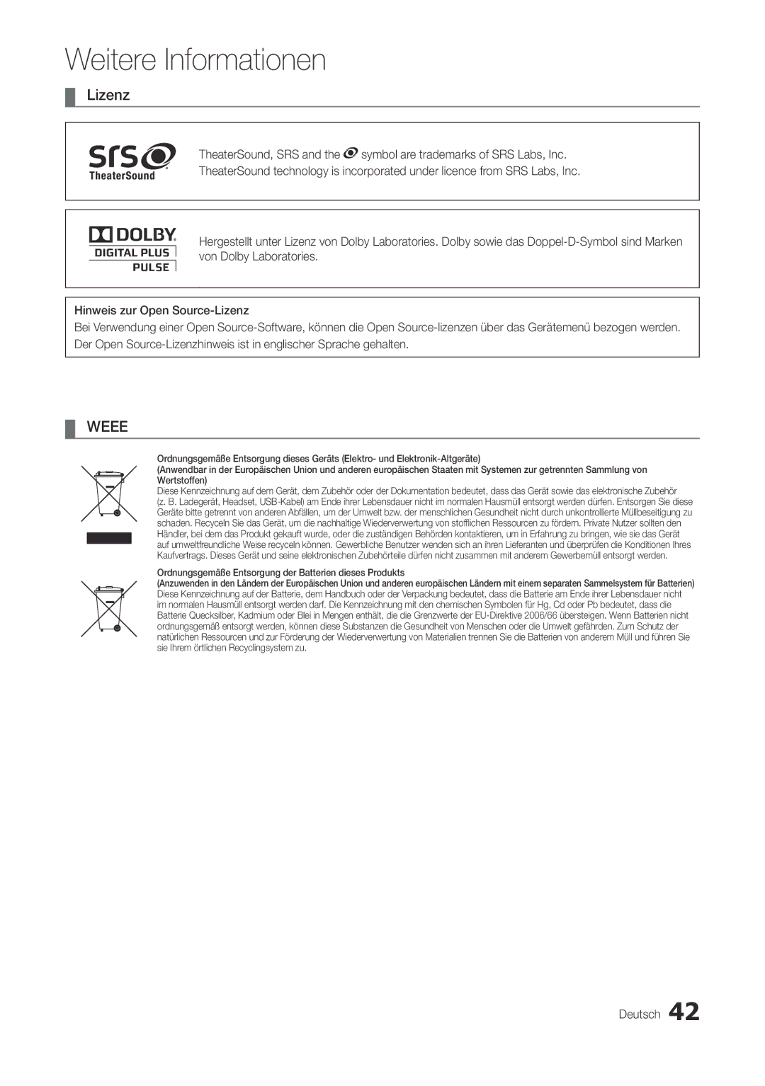 Samsung LT22A300EW/EN, LT27A300EW/EN manual Lizenz, Ordnungsgemäße Entsorgung der Batterien dieses Produkts 