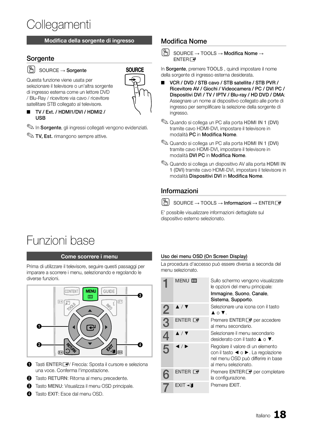 Samsung LT22A300EW/EN, LT27A300EW/EN manual Funzioni base, Sorgente, Modifica Nome, Informazioni 