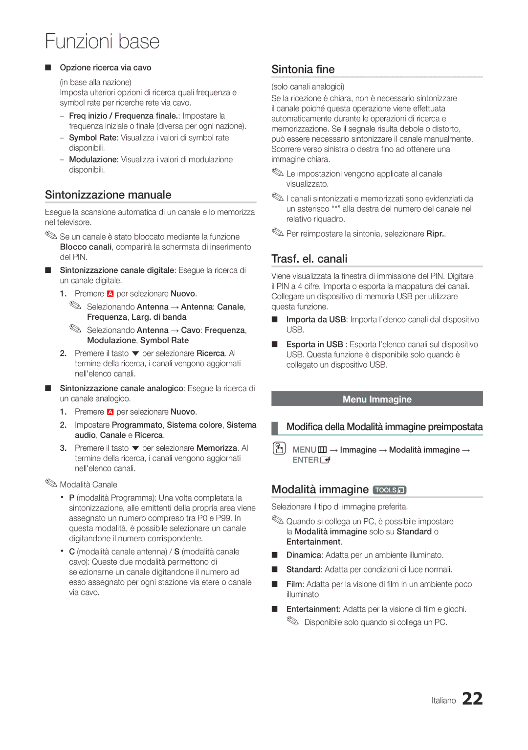 Samsung LT22A300EW/EN, LT27A300EW/EN Sintonizzazione manuale, Sintonia fine, Trasf. el. canali, Modalità immagine t 