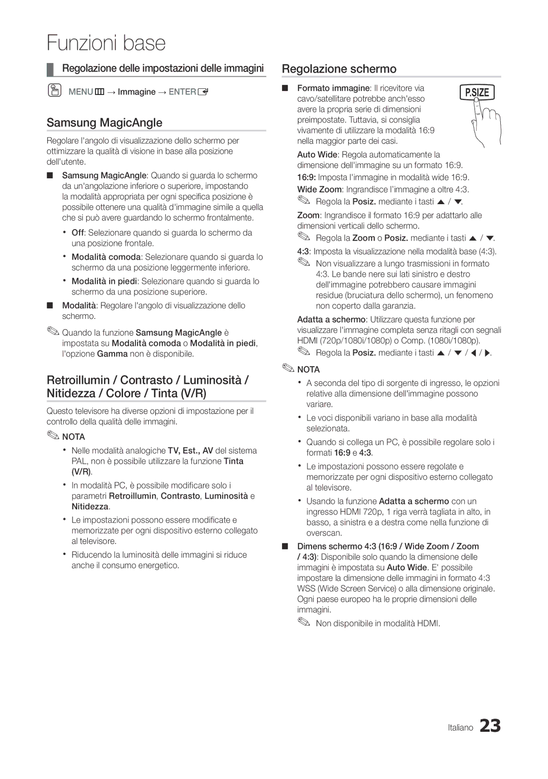 Samsung LT27A300EW/EN manual Samsung MagicAngle, Regolazione schermo, Regolazione delle impostazioni delle immagini 