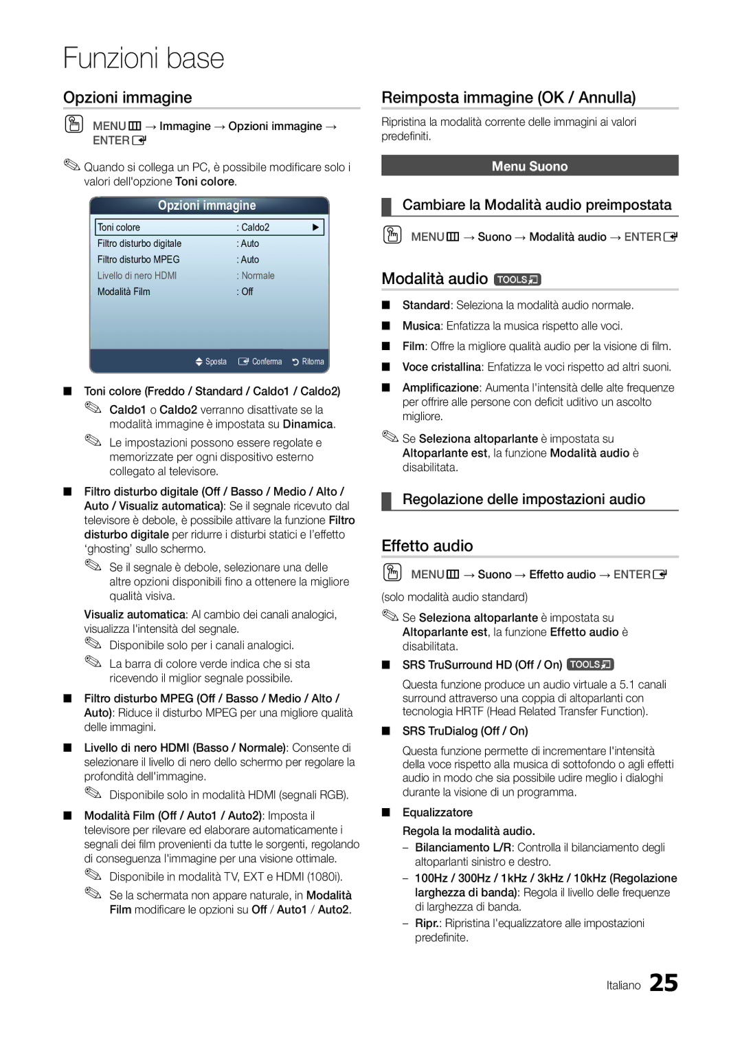 Samsung LT27A300EW/EN, LT22A300EW/EN Opzioni immagine, Reimposta immagine OK / Annulla, Modalità audio t, Effetto audio 