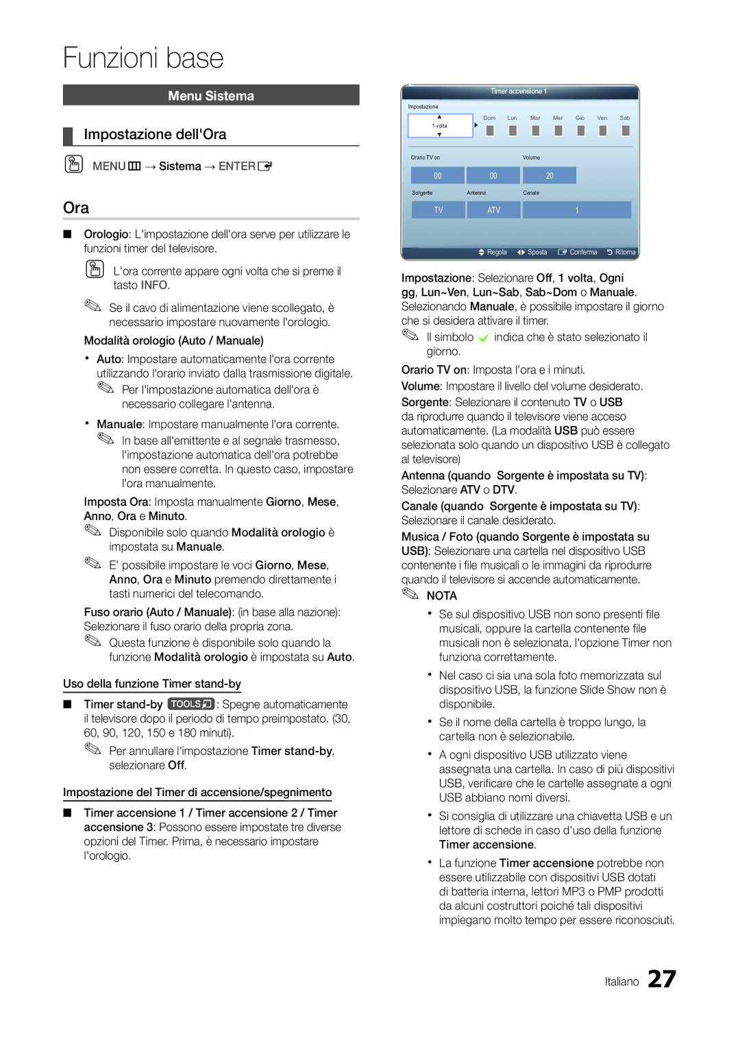 Samsung LT27A300EW/EN Impostazione dellOra, Menu Sistema, OO MENUm→ Sistema → Entere, Modalità orologio Auto / Manuale 