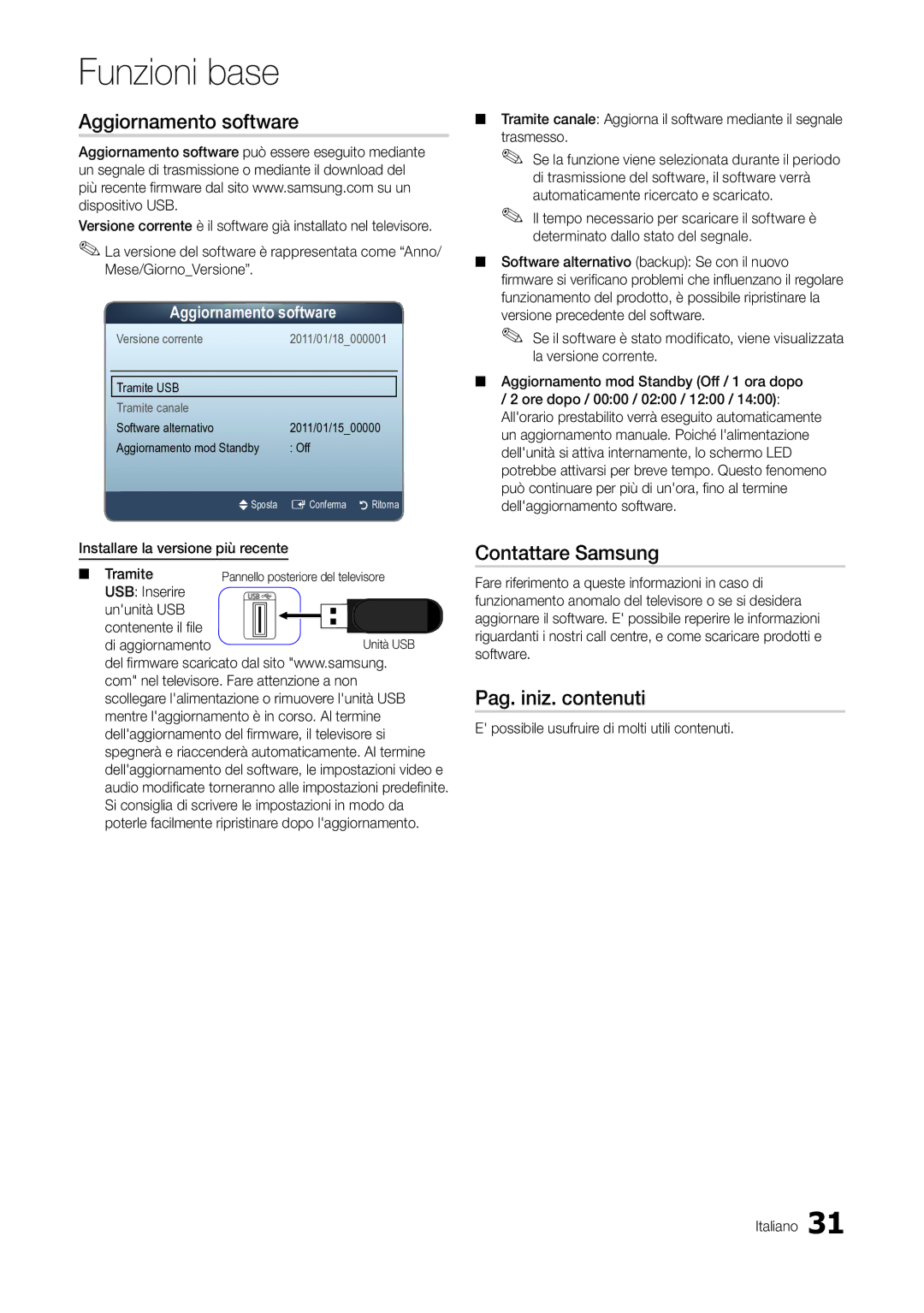 Samsung LT27A300EW/EN, LT22A300EW/EN manual Aggiornamento software, Contattare Samsung, Pag. iniz. contenuti 