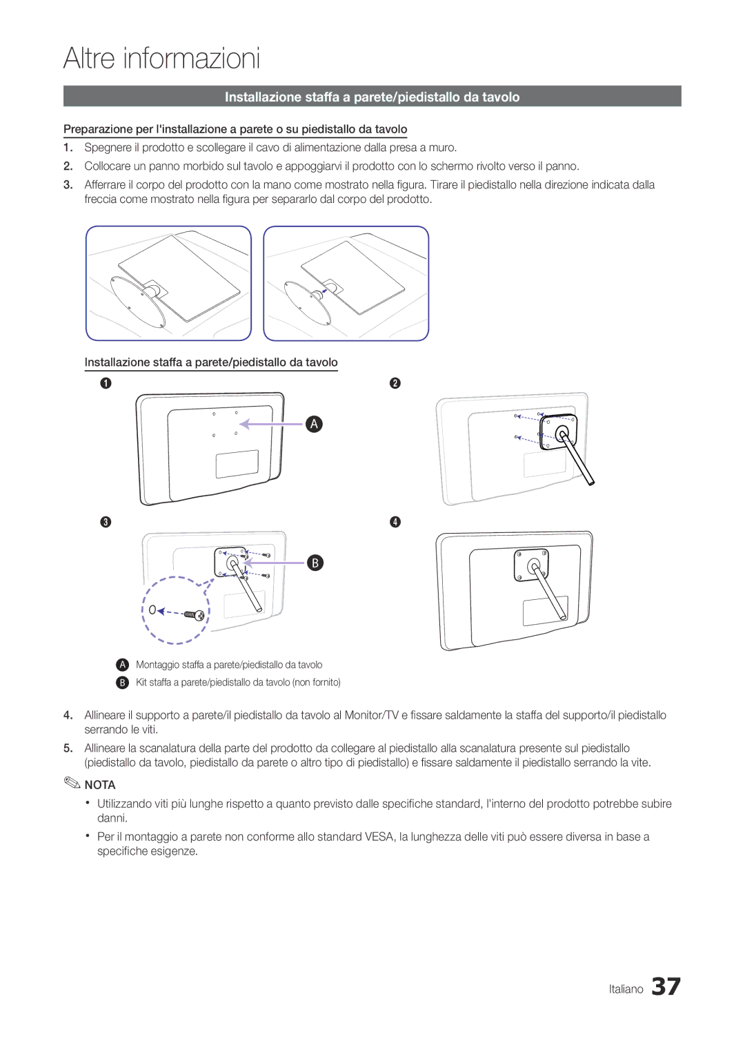 Samsung LT27A300EW/EN, LT22A300EW/EN manual Installazione staffa a parete/piedistallo da tavolo 