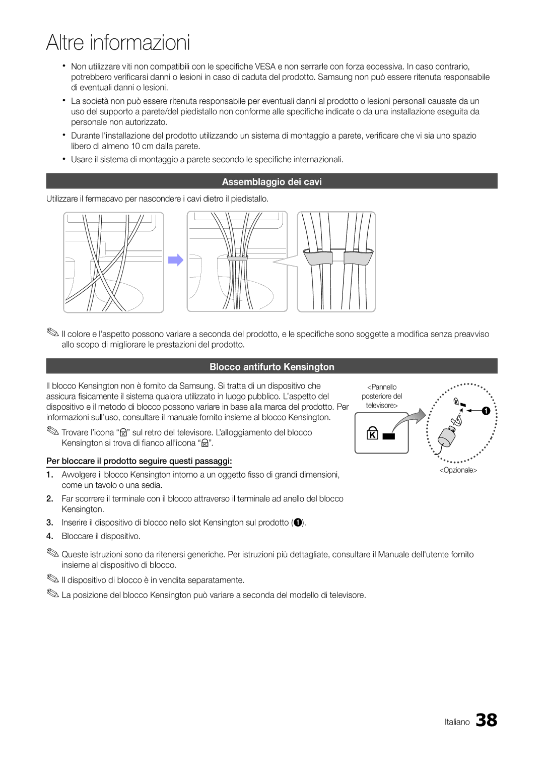 Samsung LT22A300EW/EN, LT27A300EW/EN manual Assemblaggio dei cavi, Blocco antifurto Kensington 
