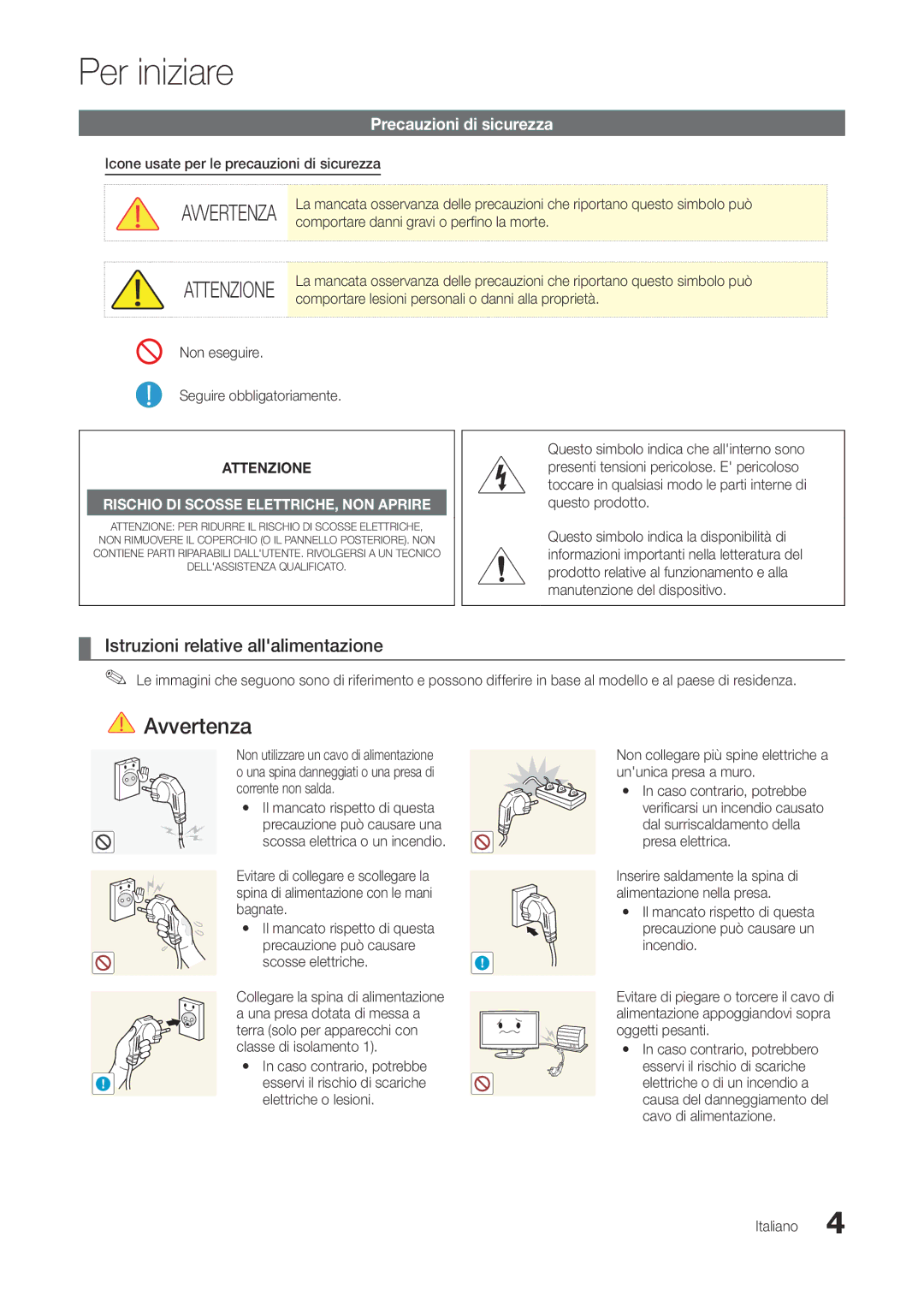 Samsung LT22A300EW/EN Per iniziare, Avvertenza, Attenzione, Istruzioni relative allalimentazione, Precauzioni di sicurezza 