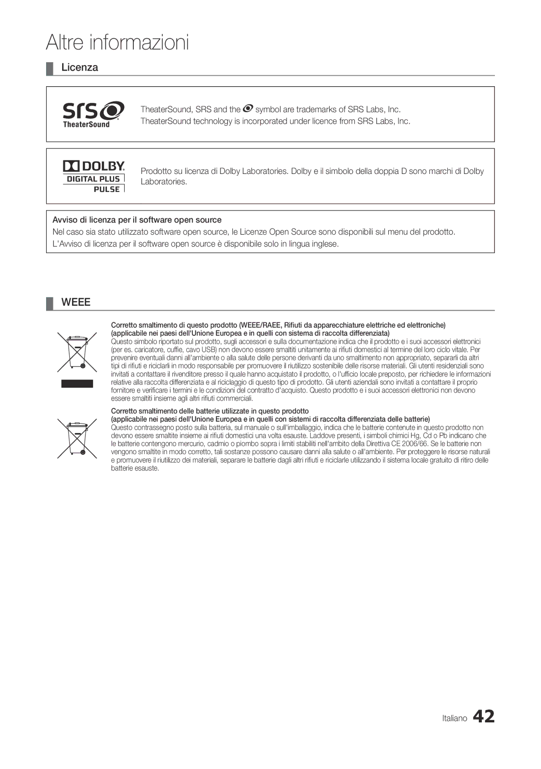 Samsung LT22A300EW/EN, LT27A300EW/EN manual Licenza, Weee 