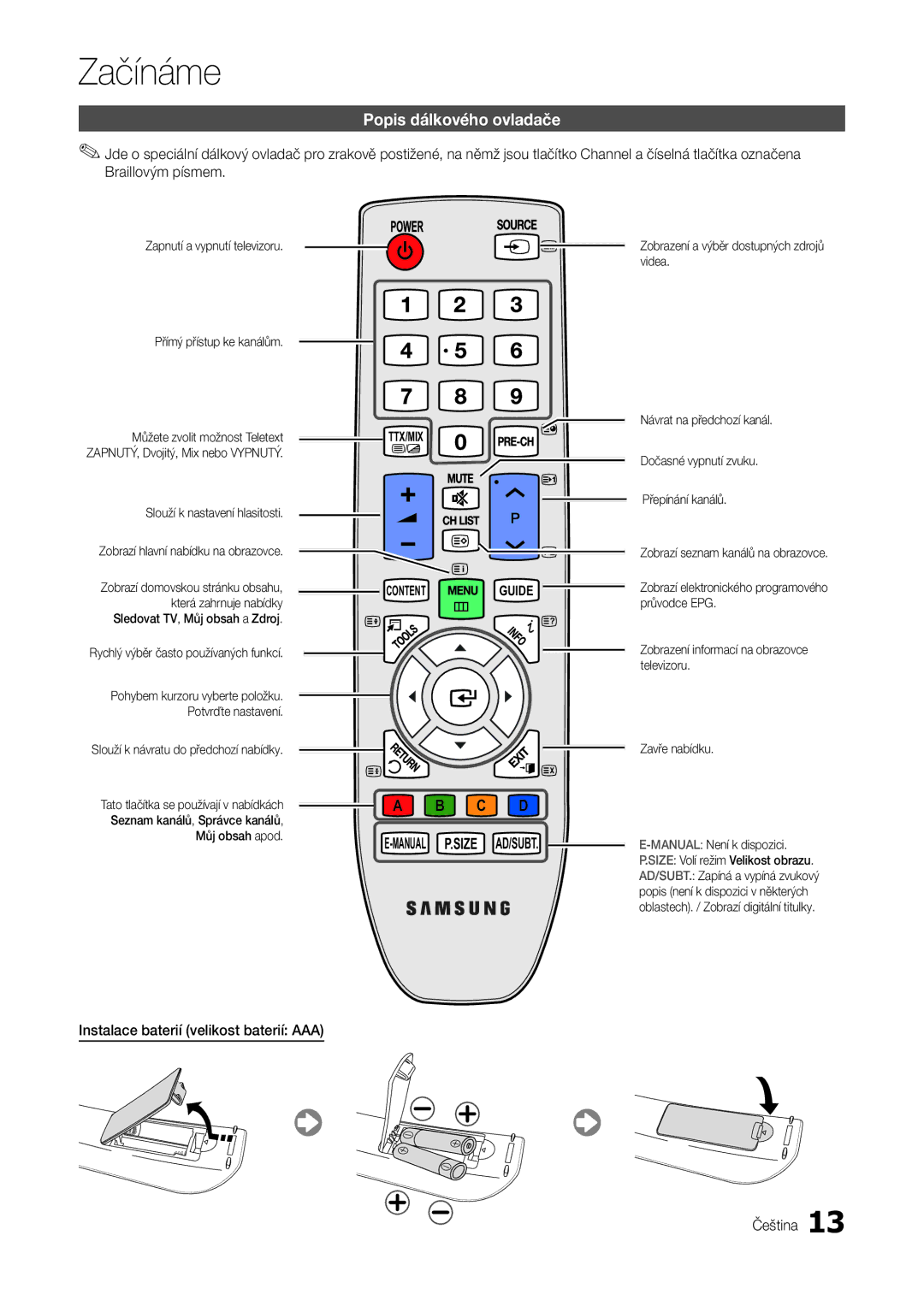 Samsung LT27A300EW/EN, LT22A300EW/EN manual Popis dálkového ovladače, Instalace baterií velikost baterií AAA Čeština 