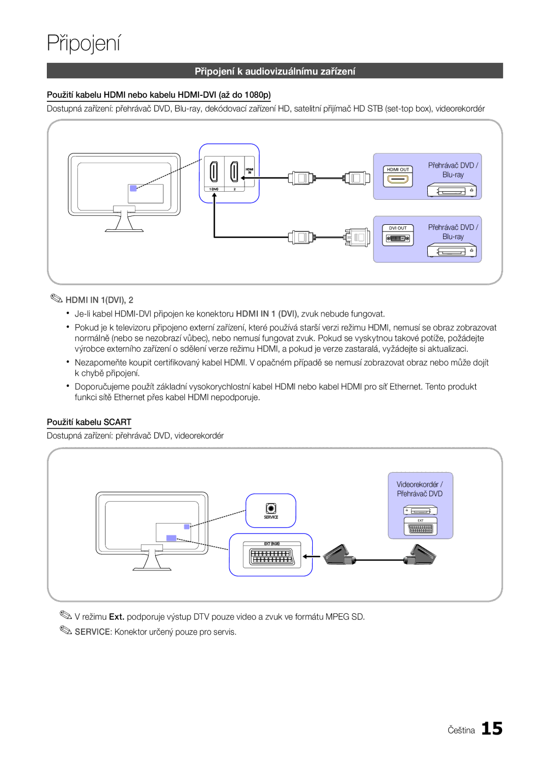 Samsung LT27A300EW/EN manual Připojení k audiovizuálnímu zařízení, Přehrávač DVD Blu-ray, Videorekordér Přehrávač DVD 