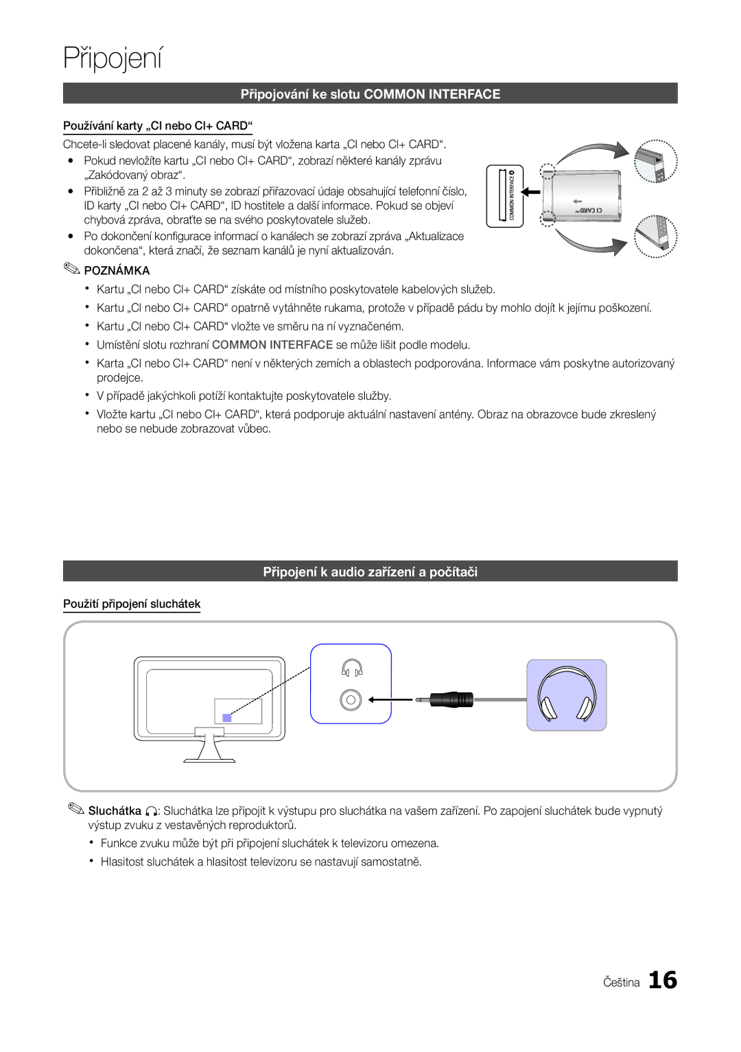 Samsung LT22A300EW/EN, LT27A300EW/EN manual Připojování ke slotu Common Interface, Připojení k audio zařízení a počítači 