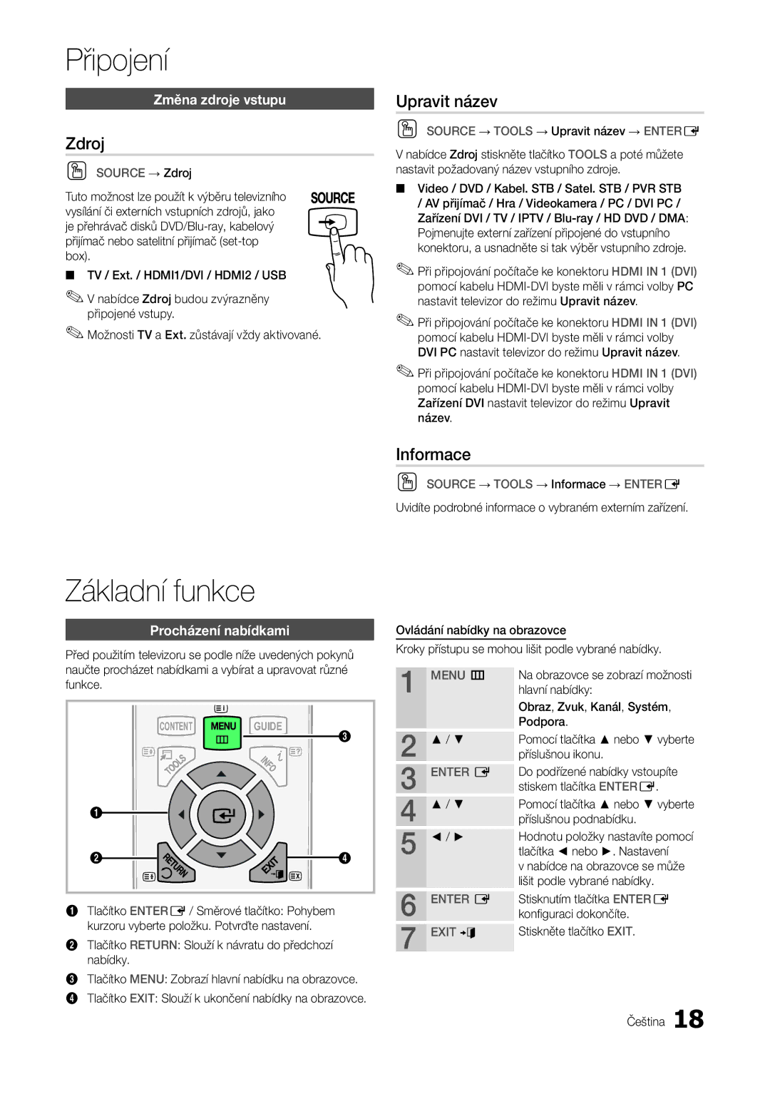 Samsung LT22A300EW/EN, LT27A300EW/EN manual Základní funkce, Zdroj, Upravit název, Informace 