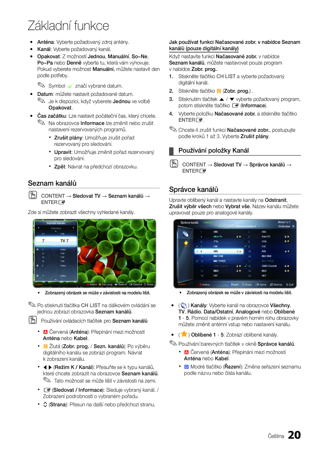 Samsung LT22A300EW/EN, LT27A300EW/EN manual Seznam kanálů, Správce kanálů, Používání položky Kanál 