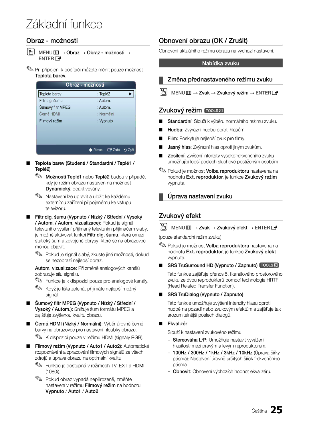 Samsung LT27A300EW/EN, LT22A300EW/EN manual Obraz možnosti, Obnovení obrazu OK / Zrušit, Zvukový režim t, Zvukový efekt 