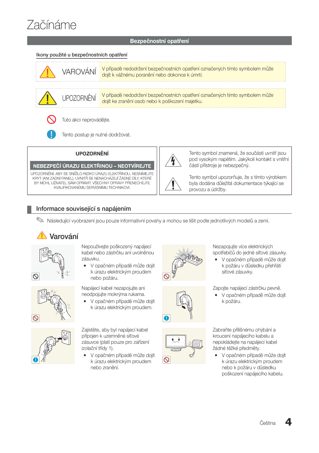 Samsung LT22A300EW/EN, LT27A300EW/EN manual Začínáme, Upozornění, Informace související s napájením, Bezpečnostní opatření 