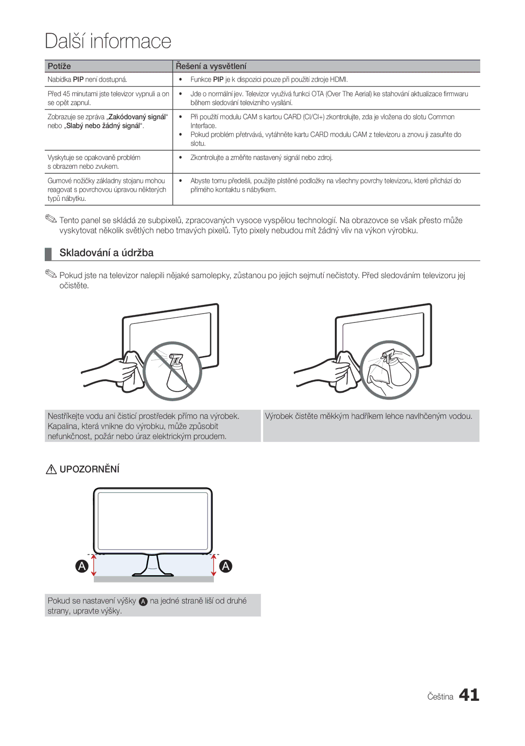 Samsung LT27A300EW/EN, LT22A300EW/EN manual Skladování a údržba, Výrobek čistěte měkkým hadříkem lehce navlhčeným vodou 