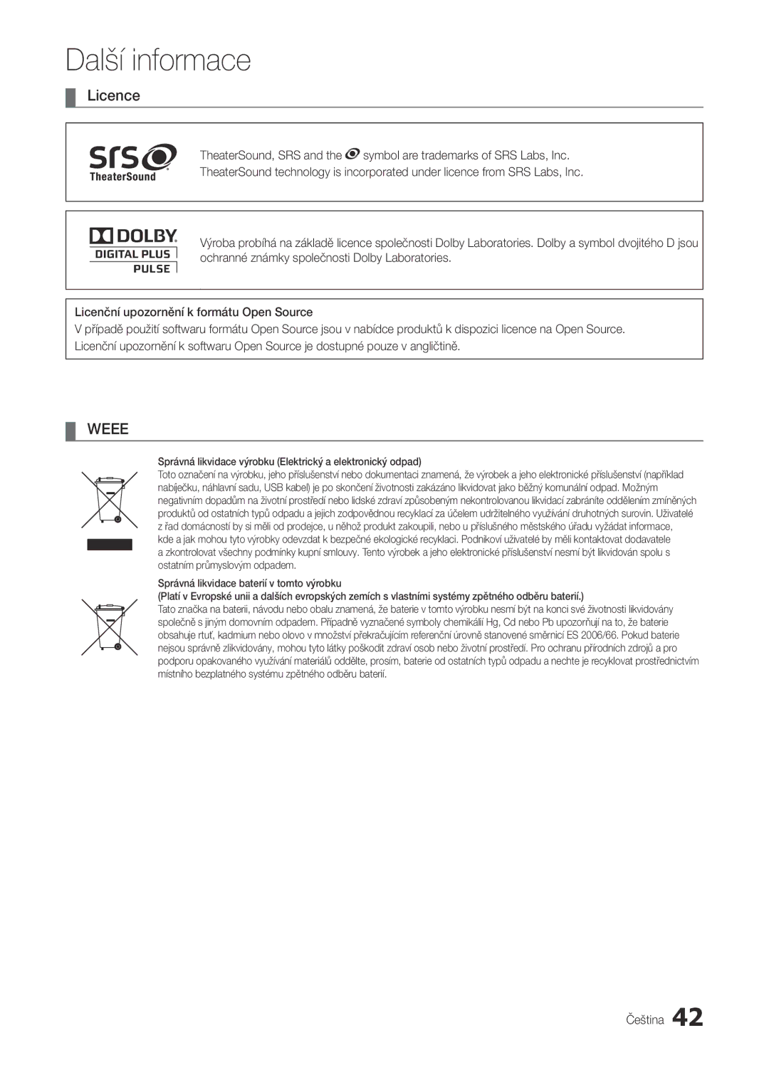 Samsung LT22A300EW/EN, LT27A300EW/EN manual Licence, Správná likvidace výrobku Elektrický a elektronický odpad 