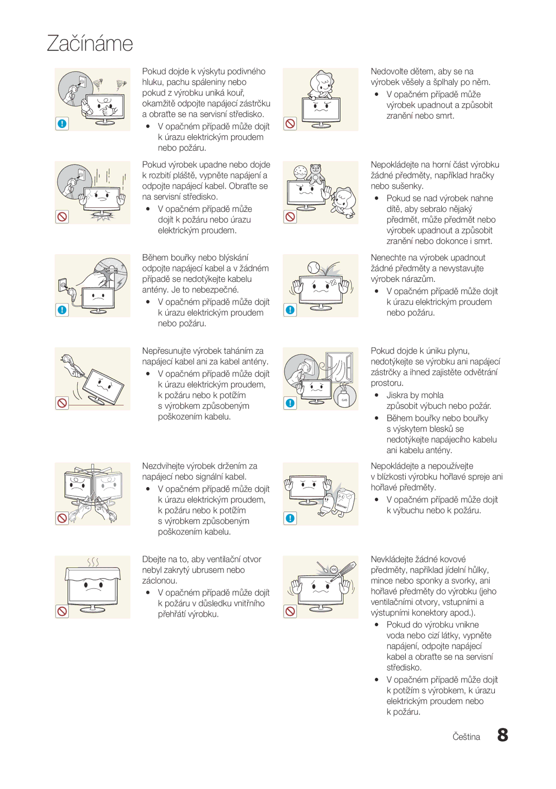 Samsung LT22A300EW/EN, LT27A300EW/EN Úrazu elektrickým proudem, Výrobkem způsobeným ! poškozením kabelu, Požáru Čeština 