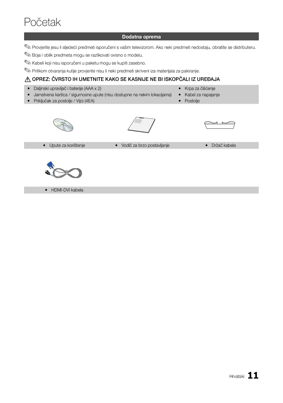 Samsung LT27A300EW/EN Dodatna oprema, Daljinski upravljač i baterije AAA x Krpa za čišćenje, HDMI-DVI kabela Hrvatski 