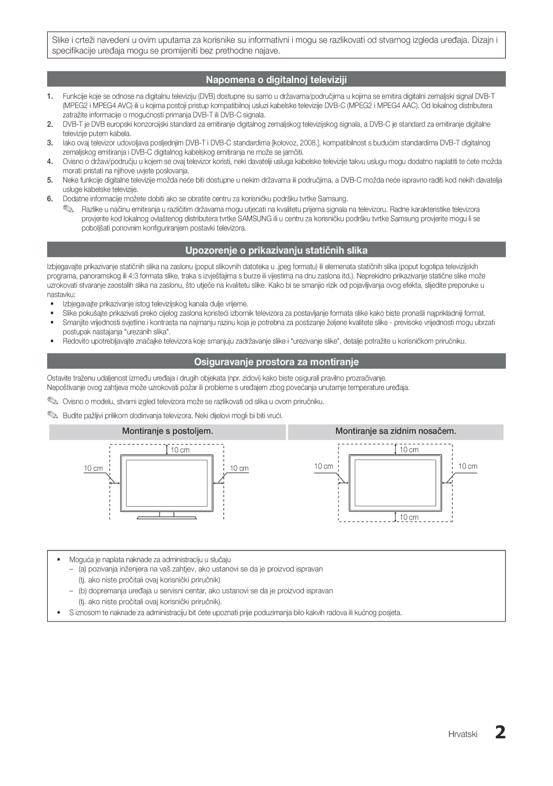 Samsung LT22A300EW/EN Osiguravanje prostora za montiranje, Montiranje s postoljem, Montiranje sa zidnim nosačem, Hrvatski 