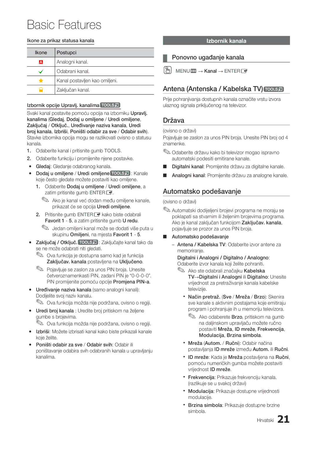 Samsung LT27A300EW/EN manual Antena Antenska / Kabelska TVt, Država, Automatsko podešavanje, Ponovno ugađanje kanala 