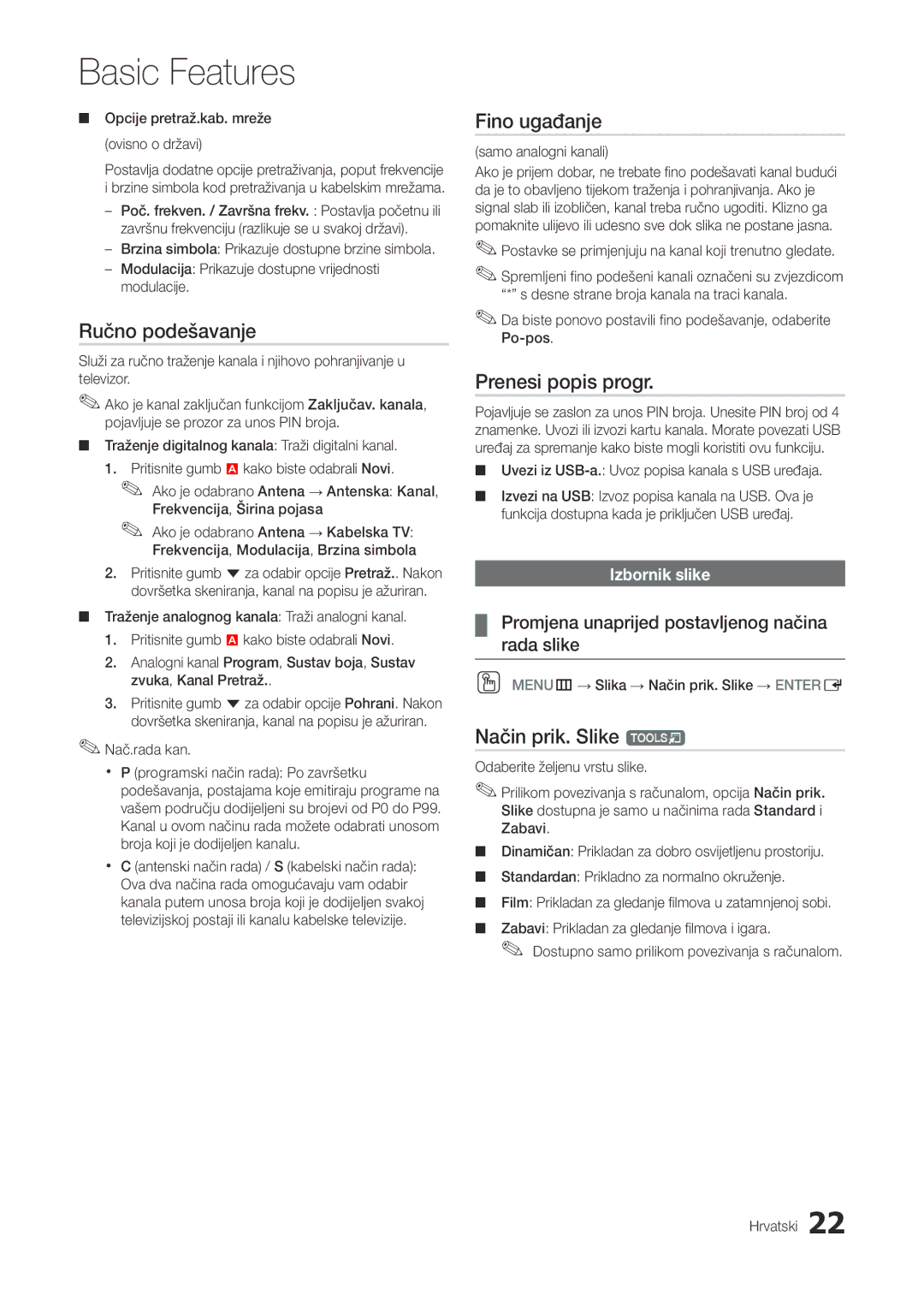 Samsung LT22A300EW/EN, LT27A300EW/EN manual Ručno podešavanje, Fino ugađanje, Prenesi popis progr, Način prik. Slike t 