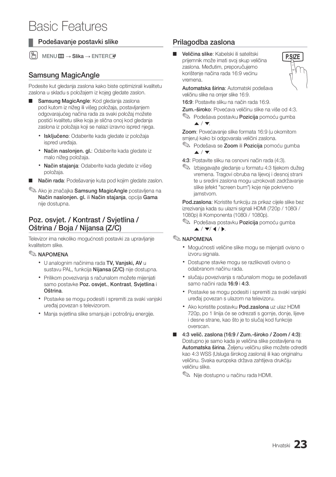 Samsung LT27A300EW/EN, LT22A300EW/EN manual Samsung MagicAngle, Prilagodba zaslona, Podešavanje postavki slike 