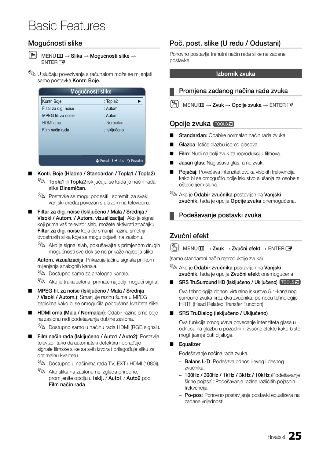 Samsung LT27A300EW/EN, LT22A300EW/EN Mogućnosti slike, Poč. post. slike U redu / Odustani, Opcije zvuka t, Zvučni efekt 