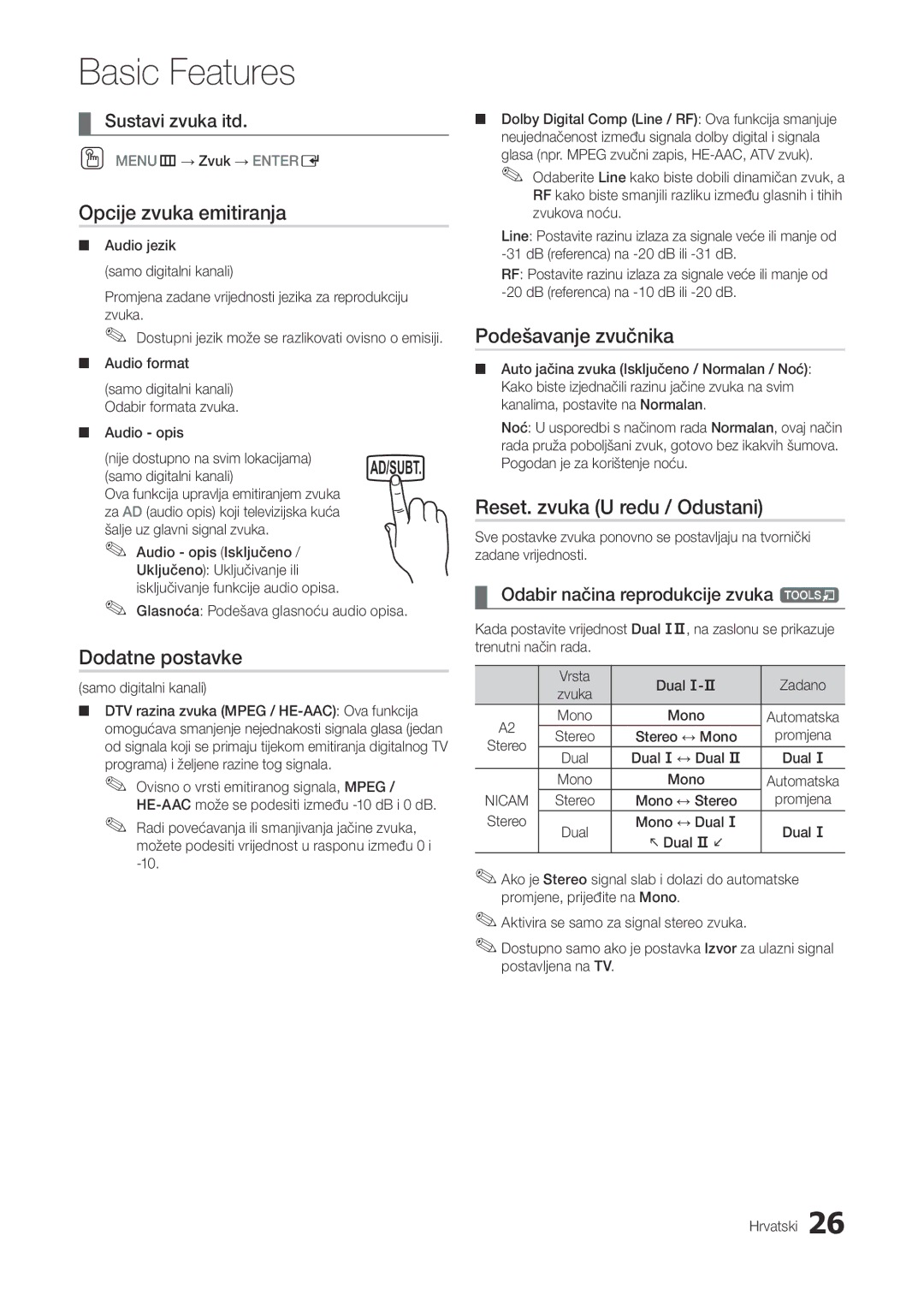 Samsung LT22A300EW/EN Opcije zvuka emitiranja, Dodatne postavke, Podešavanje zvučnika, Reset. zvuka U redu / Odustani 