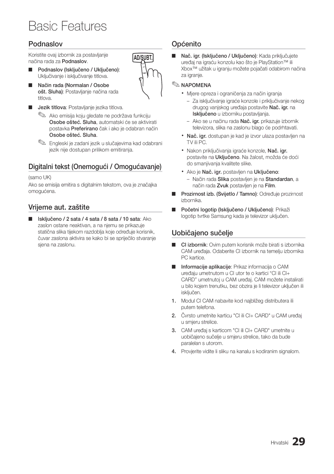 Samsung LT27A300EW/EN, LT22A300EW/EN manual Podnaslov, Vrijeme aut. zaštite, Općenito, Uobičajeno sučelje 