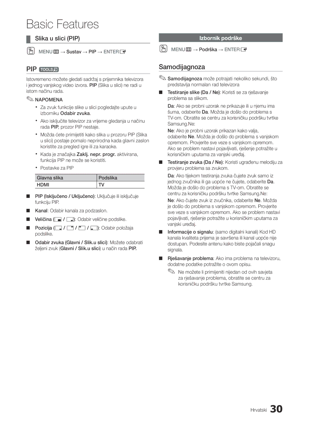 Samsung LT22A300EW/EN, LT27A300EW/EN manual PIP t, Samodijagnoza, Slika u slici PIP, Izbornik podrške 