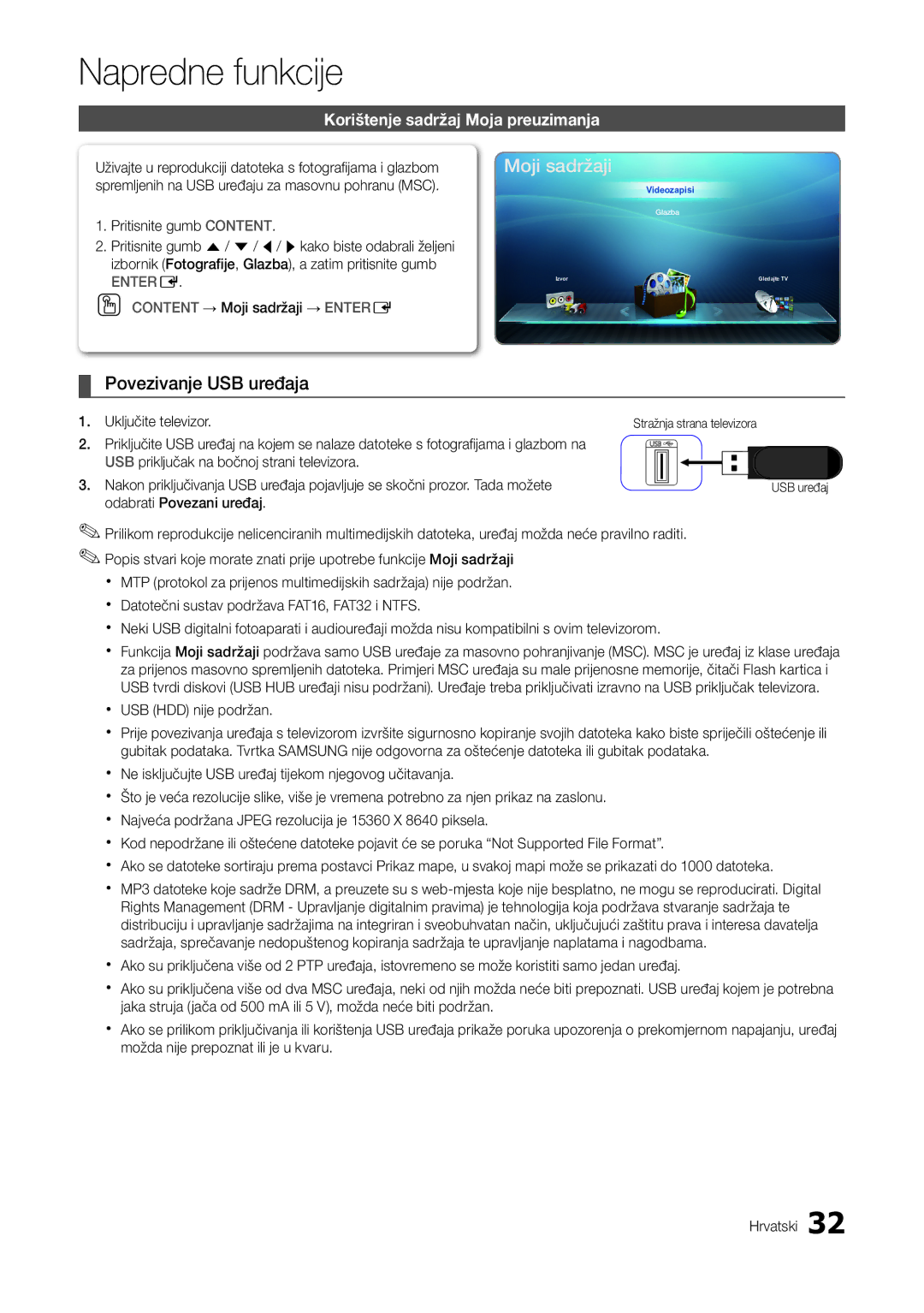 Samsung LT22A300EW/EN, LT27A300EW/EN manual Napredne funkcije, Povezivanje USB uređaja, Korištenje sadržaj Moja preuzimanja 