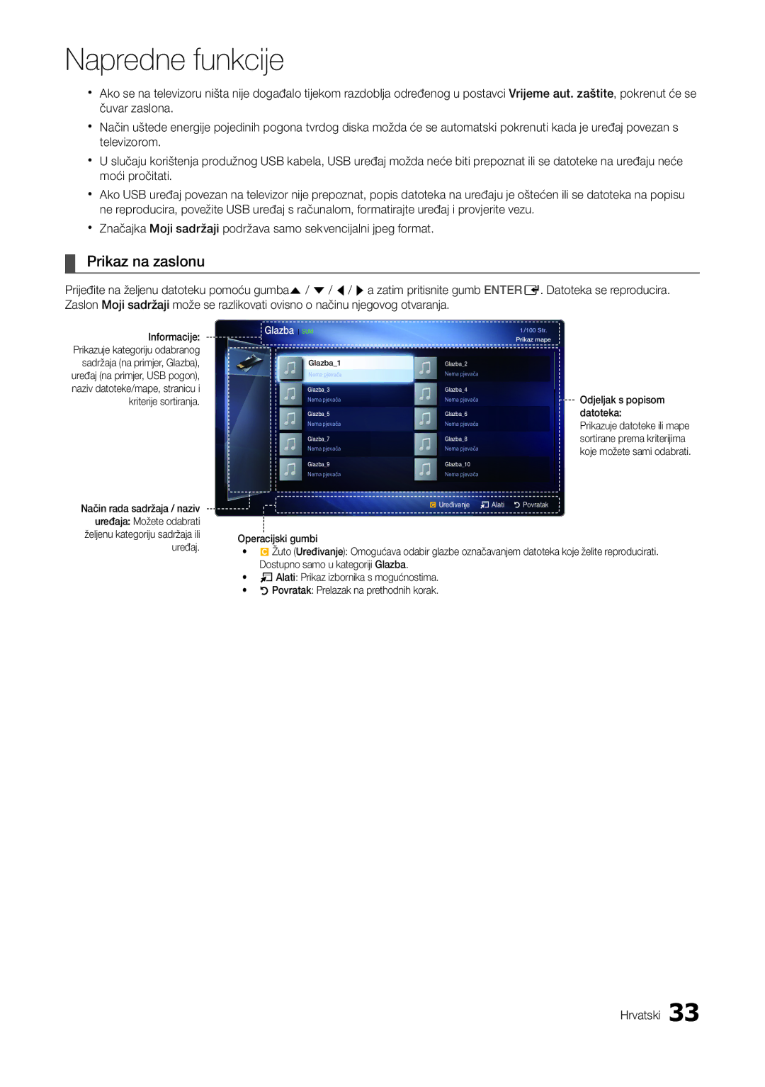 Samsung LT27A300EW/EN, LT22A300EW/EN manual Prikaz na zaslonu, Glazba SUM 