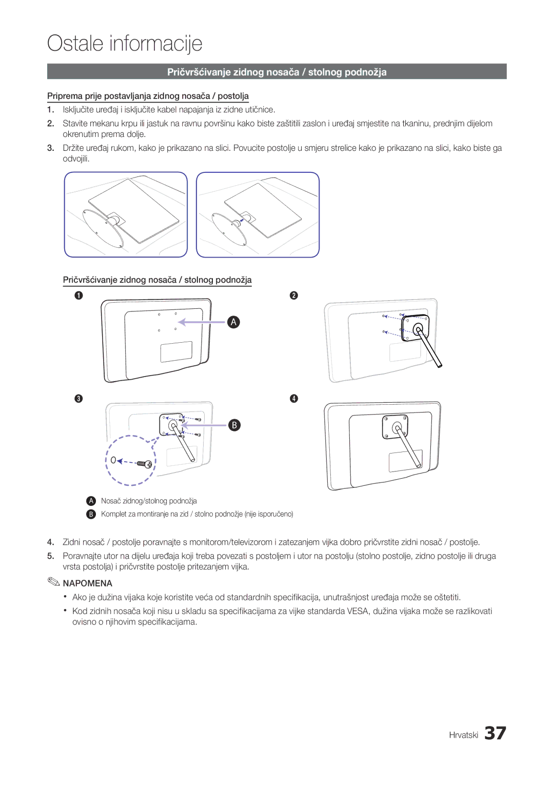 Samsung LT27A300EW/EN, LT22A300EW/EN manual Pričvršćivanje zidnog nosača / stolnog podnožja 