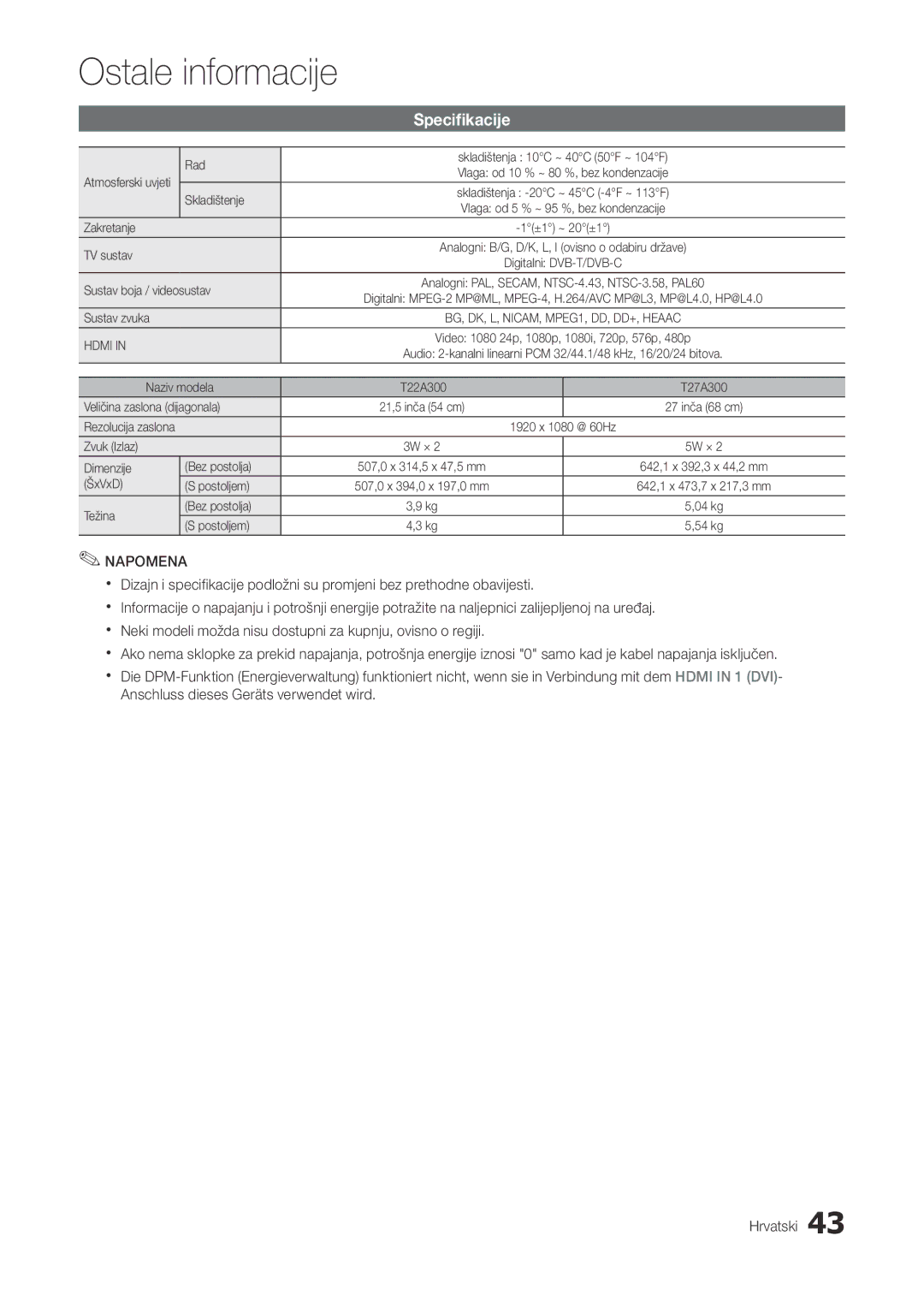 Samsung LT27A300EW/EN, LT22A300EW/EN manual Specifikacije, Sustav boja / videosustav 