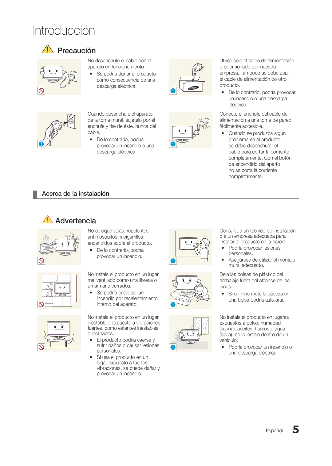 Samsung LT22A300EW/EN manual Acerca de la instalación, Descarga eléctrica 