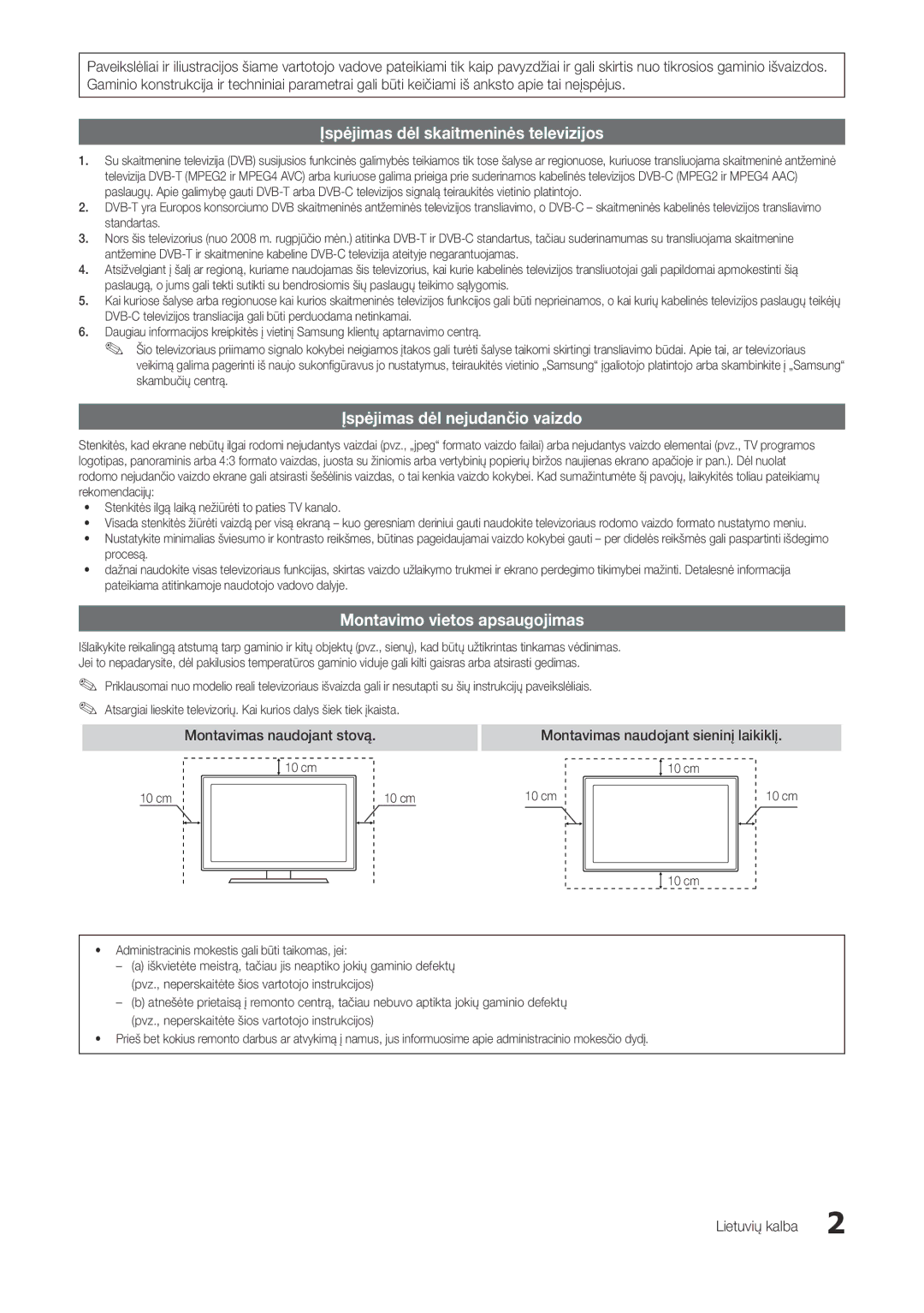 Samsung LT22A300EW/EN Montavimo vietos apsaugojimas, Montavimas naudojant stovą, Montavimas naudojant sieninį laikiklį 