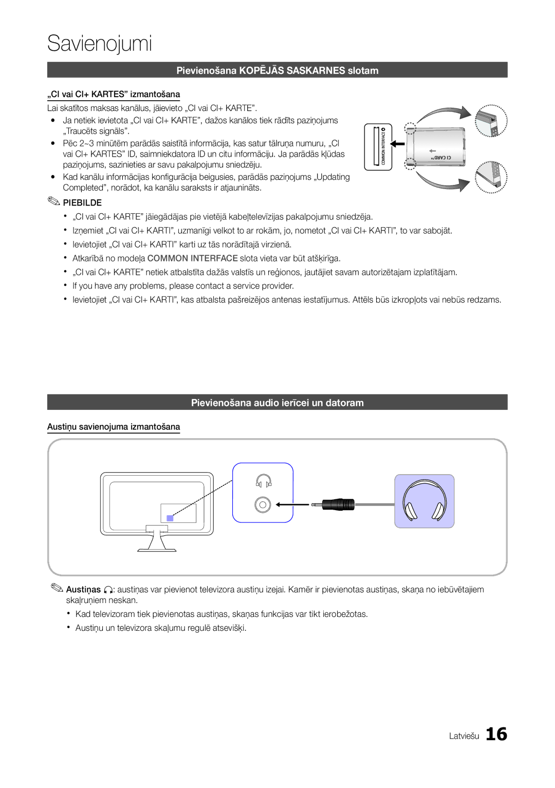 Samsung LT22A300EW/EN manual Pievienošana Kopējās Saskarnes slotam, Pievienošana audio ierīcei un datoram 