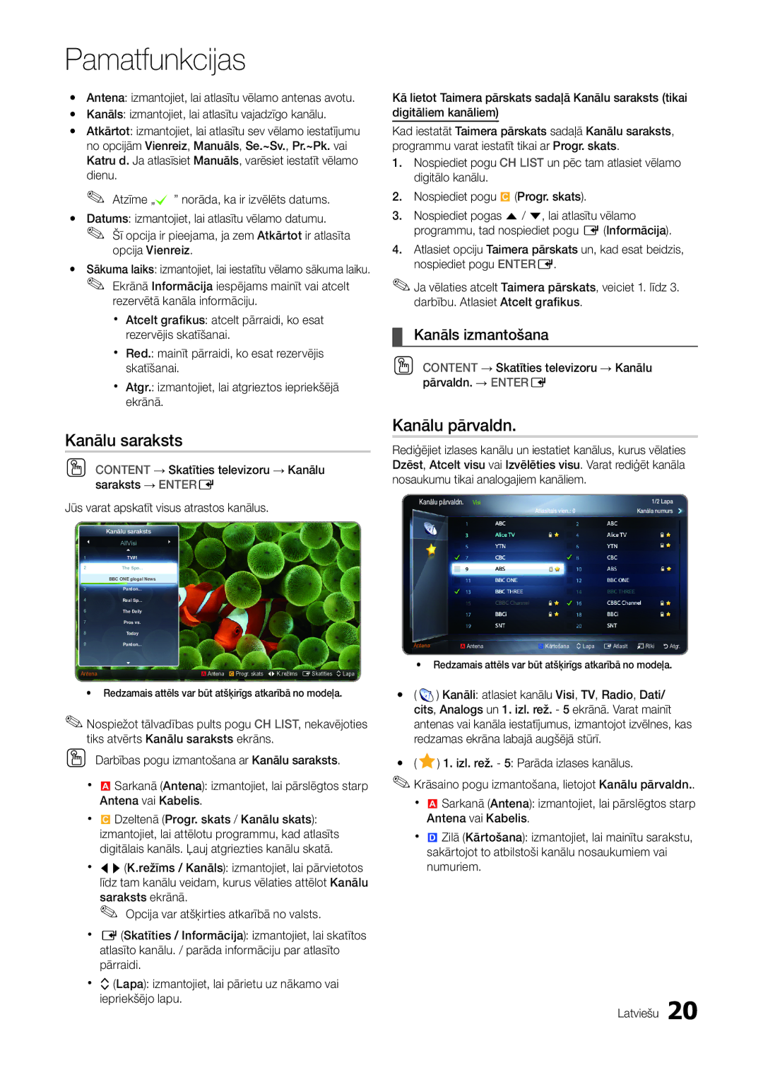 Samsung LT22A300EW/EN manual Kanālu saraksts, Content → Skatīties televizoru → Kanālu pārvaldn. → Entere 