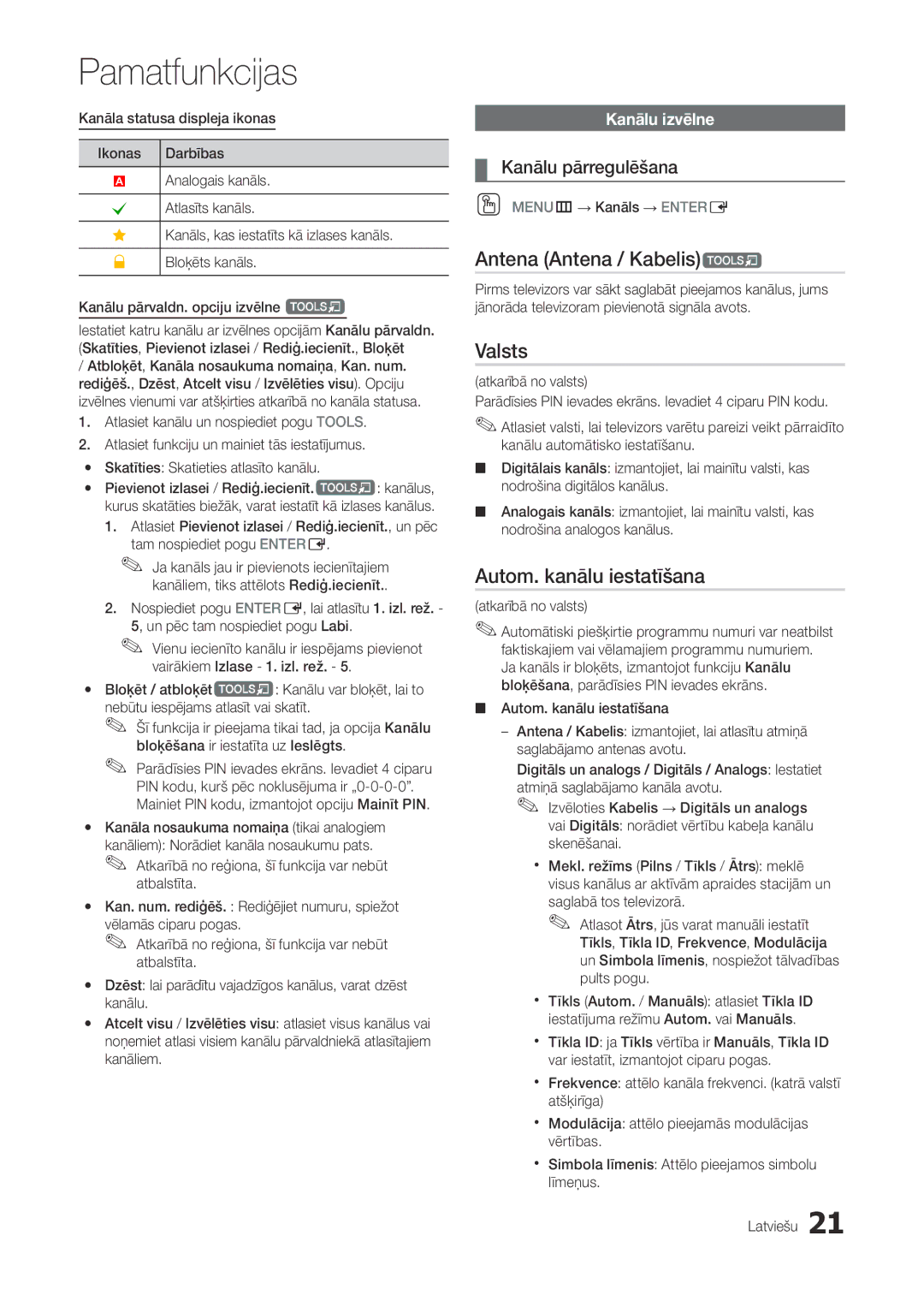 Samsung LT22A300EW/EN manual Antena Antena / Kabelist, Valsts, Autom. kanālu iestatīšana, Kanālu izvēlne 