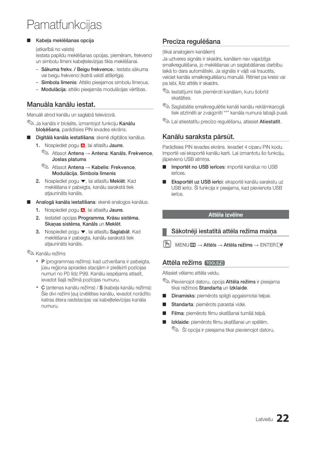 Samsung LT22A300EW/EN Manuāla kanālu iestat, Precīza regulēšana, Kanālu saraksta pārsūt, Attēla režīms t, Attēla izvēlne 