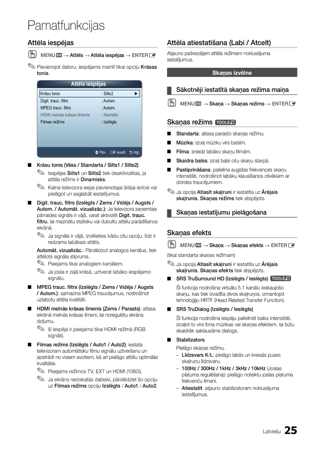 Samsung LT22A300EW/EN manual Attēla iespējas, Attēla atiestatīšana Labi / Atcelt, Skaņas režīms t, Skaņas efekts 