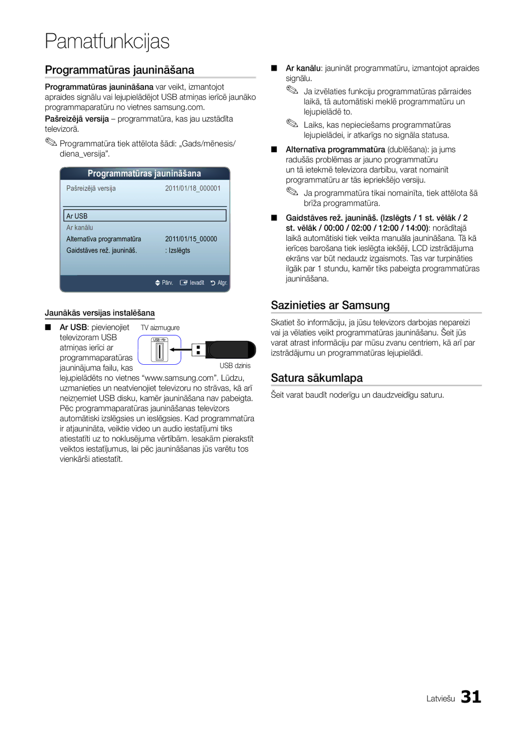 Samsung LT22A300EW/EN manual Programmatūras jaunināšana, Sazinieties ar Samsung, Satura sākumlapa 