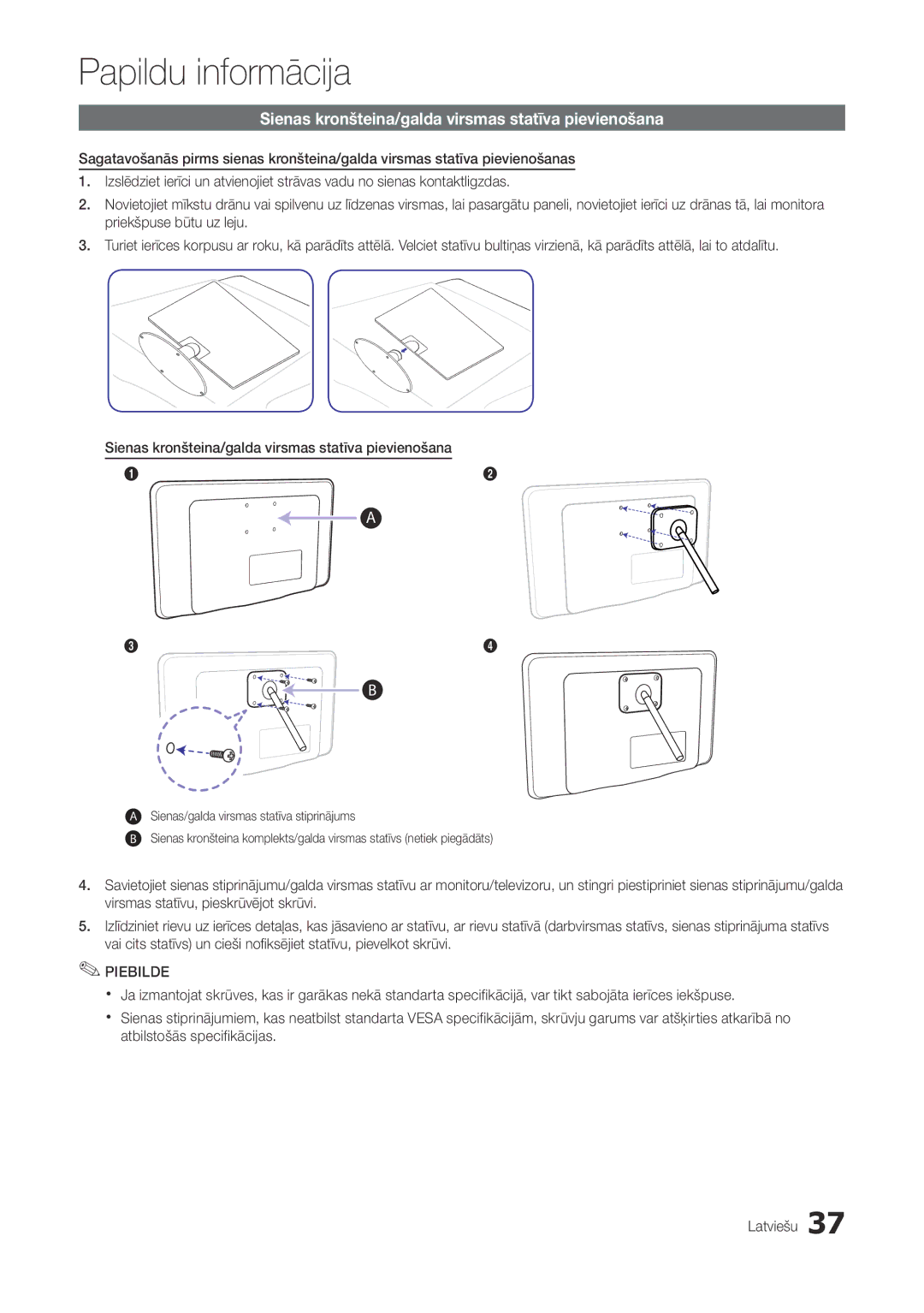 Samsung LT22A300EW/EN manual Sienas kronšteina/galda virsmas statīva pievienošana 