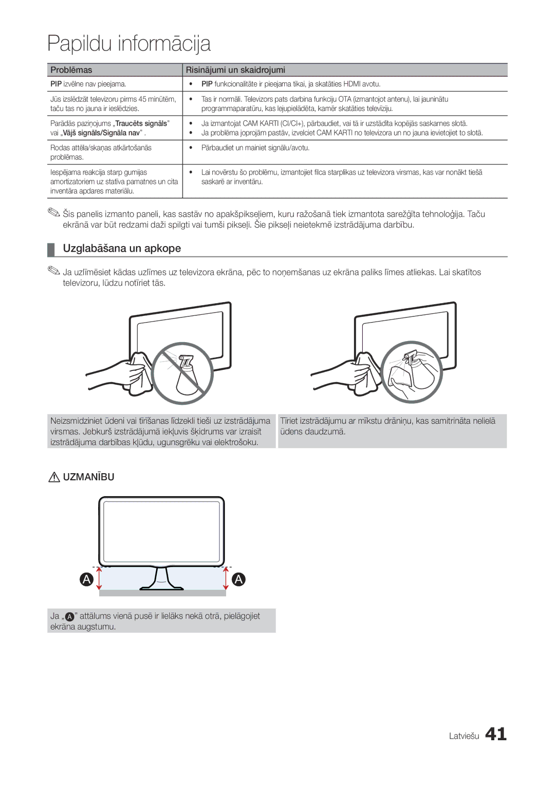 Samsung LT22A300EW/EN manual Vai „Vājš signāls/Signāla nav, Saskarē ar inventāru, Inventāra apdares materiālu 