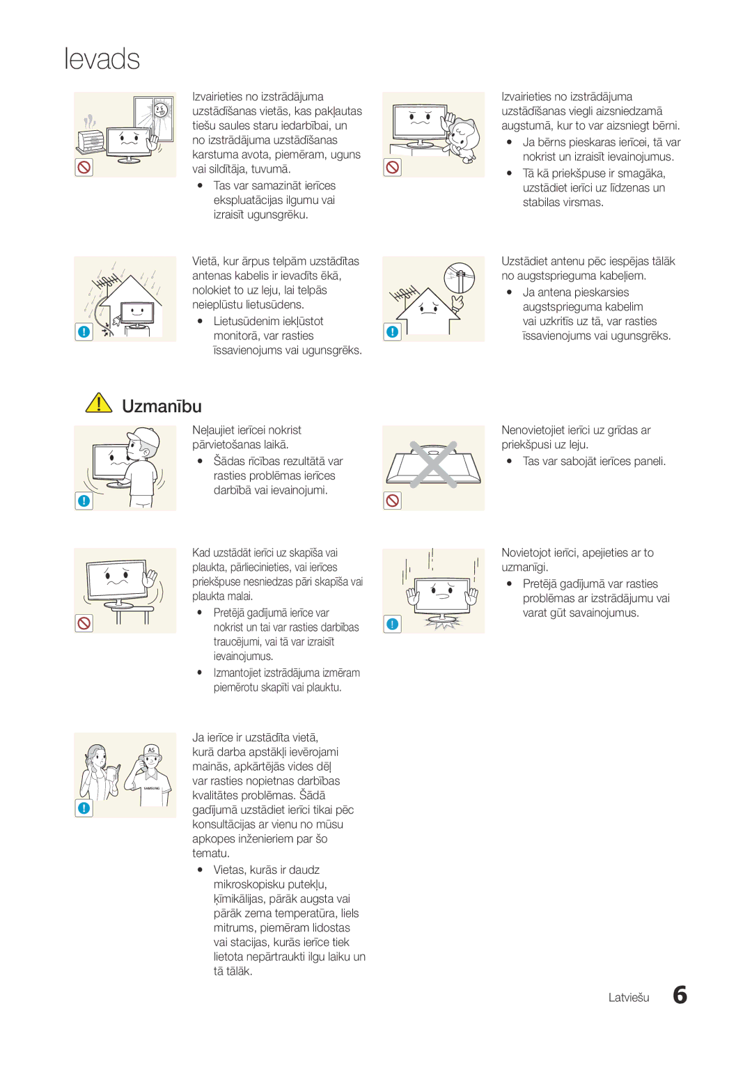 Samsung LT22A300EW/EN manual Lietusūdenim iekļūstot, Ja ierīce ir uzstādīta vietā, Kurā darba apstākļi ievērojami, Tematu 