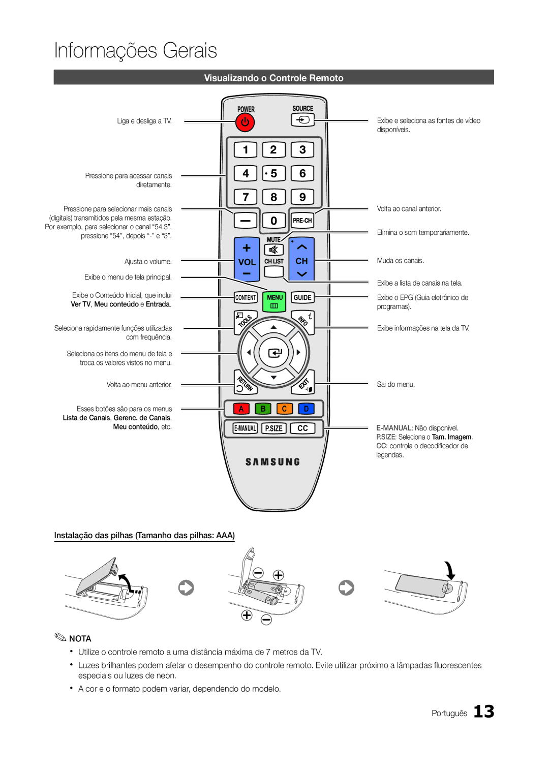 Samsung LT22A300EW/EN manual Visualizando o Controle Remoto, Instalação das pilhas Tamanho das pilhas AAA 